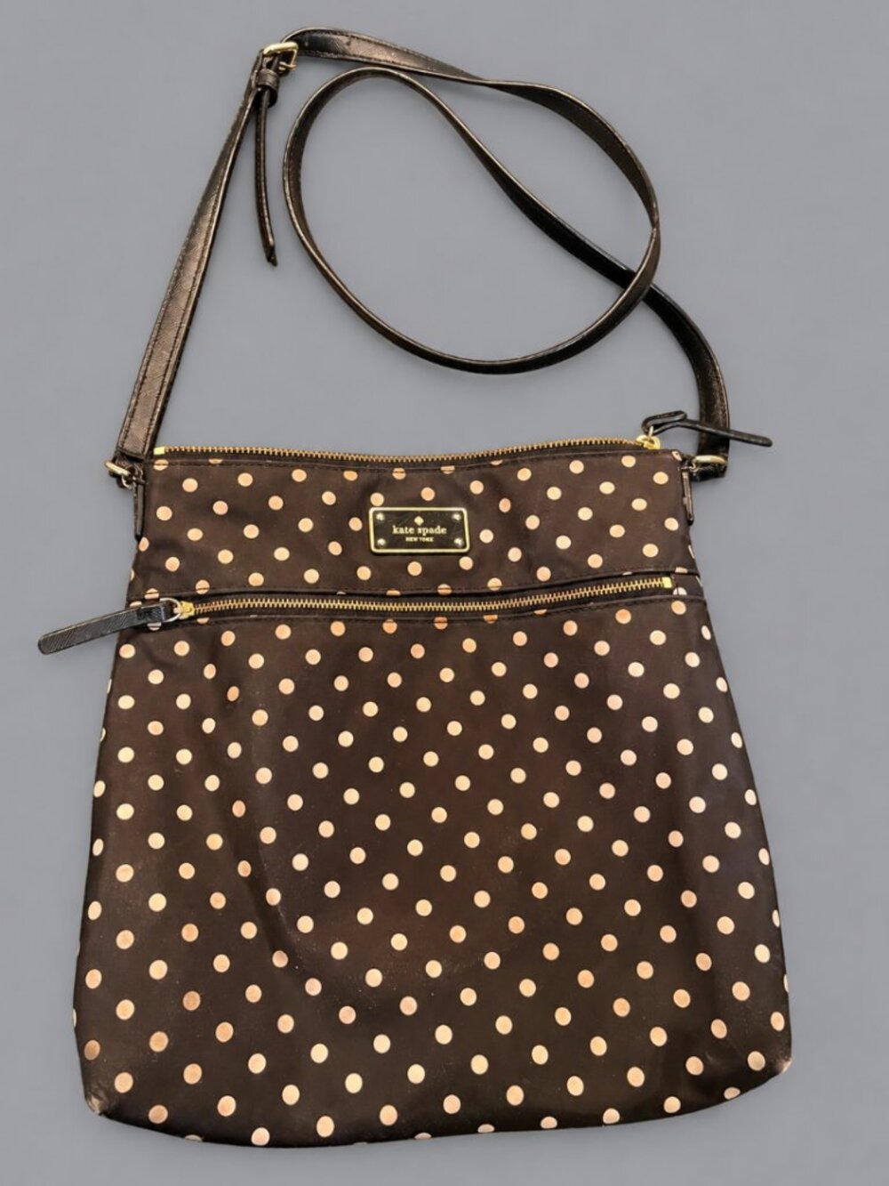 Kate Spade New York Black Cream Polka Dot Nylon Crossbody Bag Gold Hardware